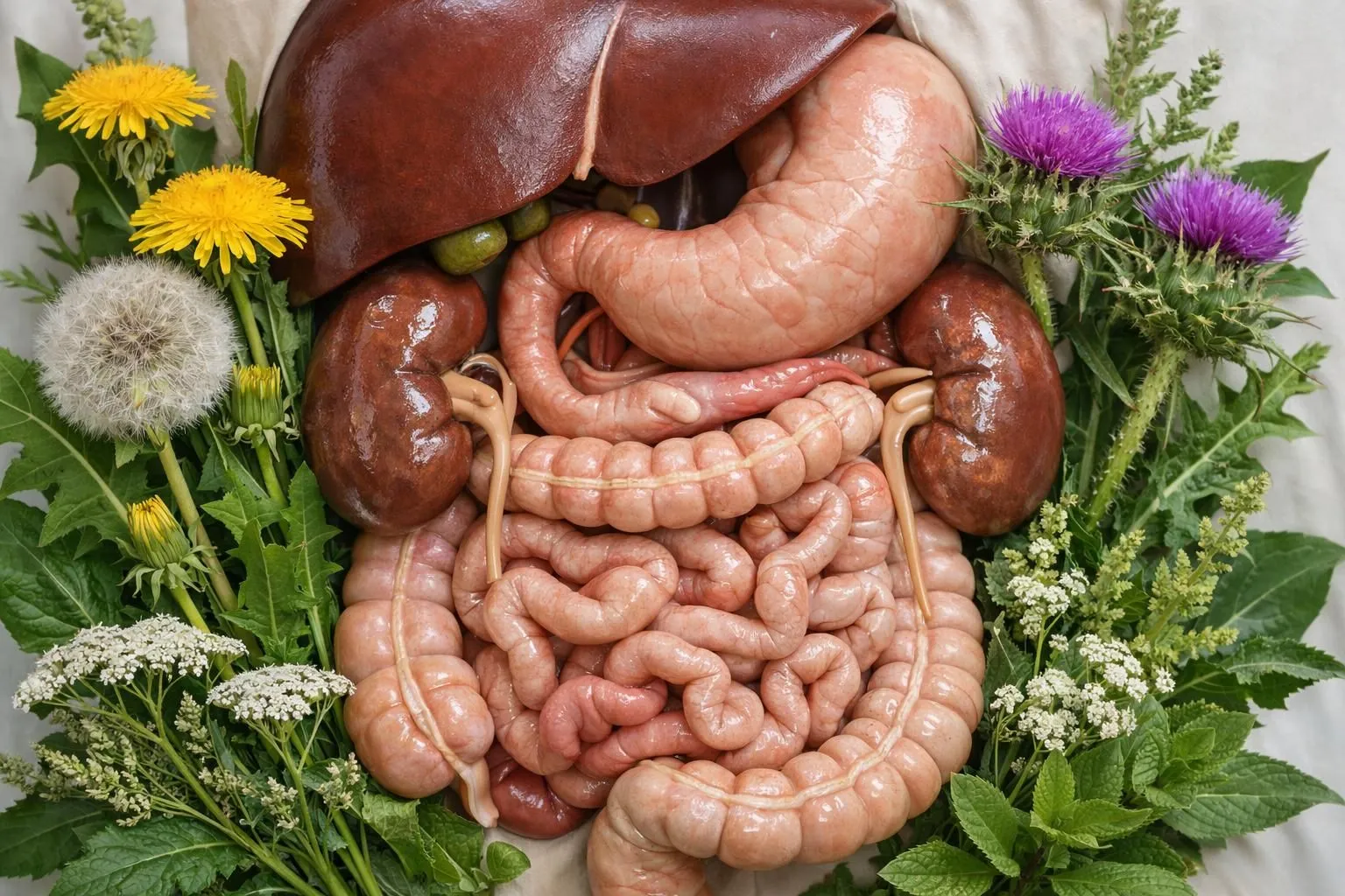 Coupe transversale anatomique artistique montrant le foie, les reins et l'intestin en tons naturels, entourés de plantes médicinales fraîches comme le pissenlit et le chardon-marie, dans un style médical moderne avec des touches botaniques