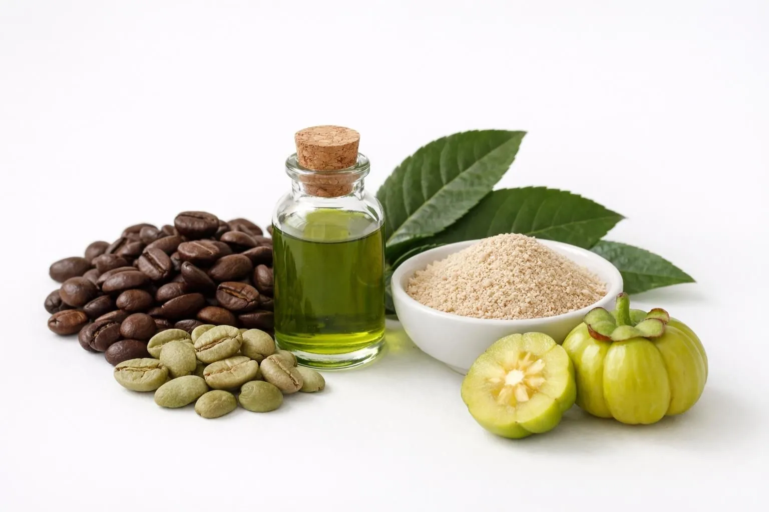 Close-up arrangement of natural coffee beans, green coffee extract, yerba mate leaves, psyllium husk powder, and garcinia cambogia fruit against clean white background with soft natural lighting, health supplement concept for Swiss wellness market
