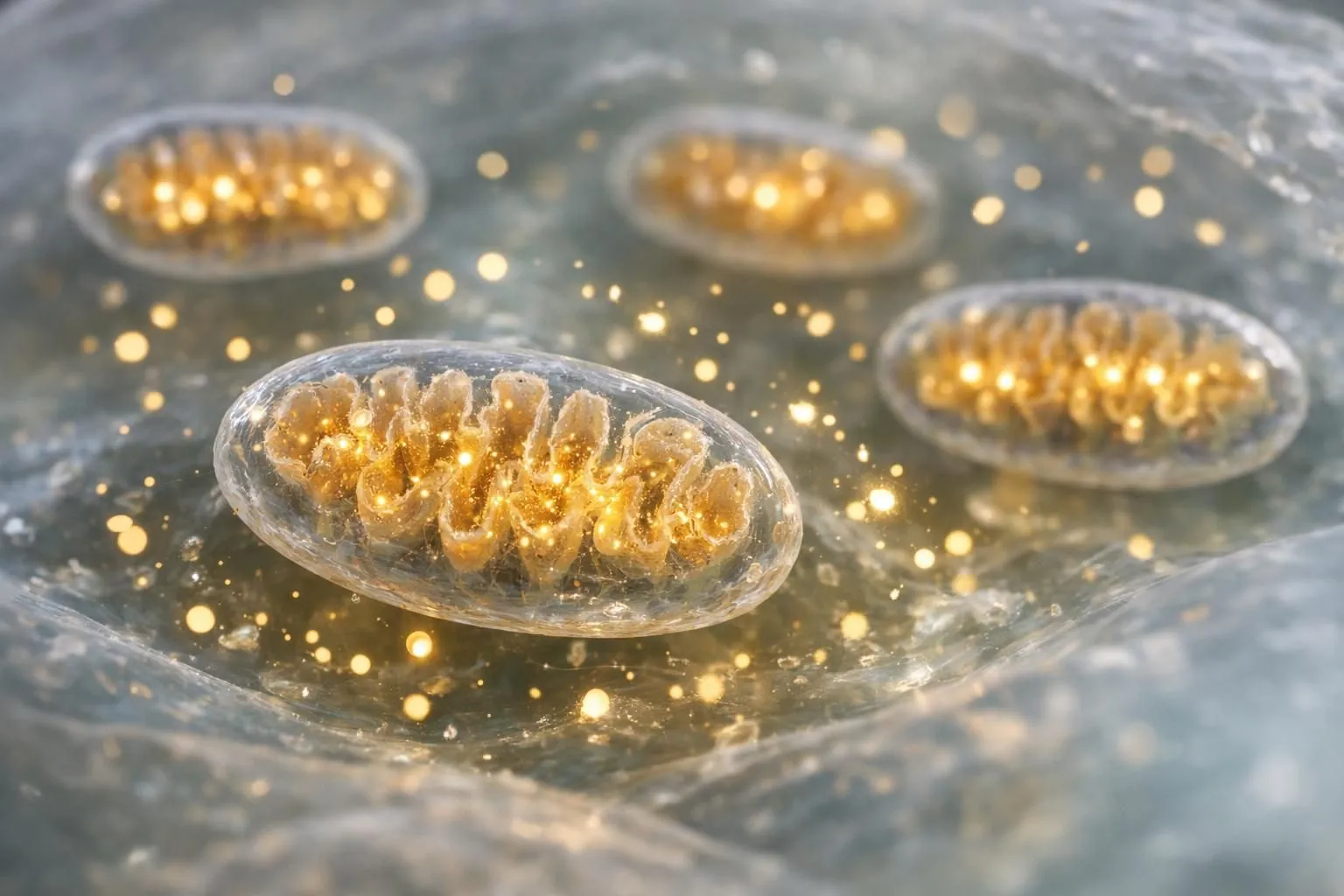 Illustration scientifique moderne montrant des mitochondries lumineuses dans une cellule, particules énergétiques dorées circulant dans le corps, concept biologique avec éclairage doux et ambiance naturelle pour article sur les compléments naturels pour l'énergie féminine