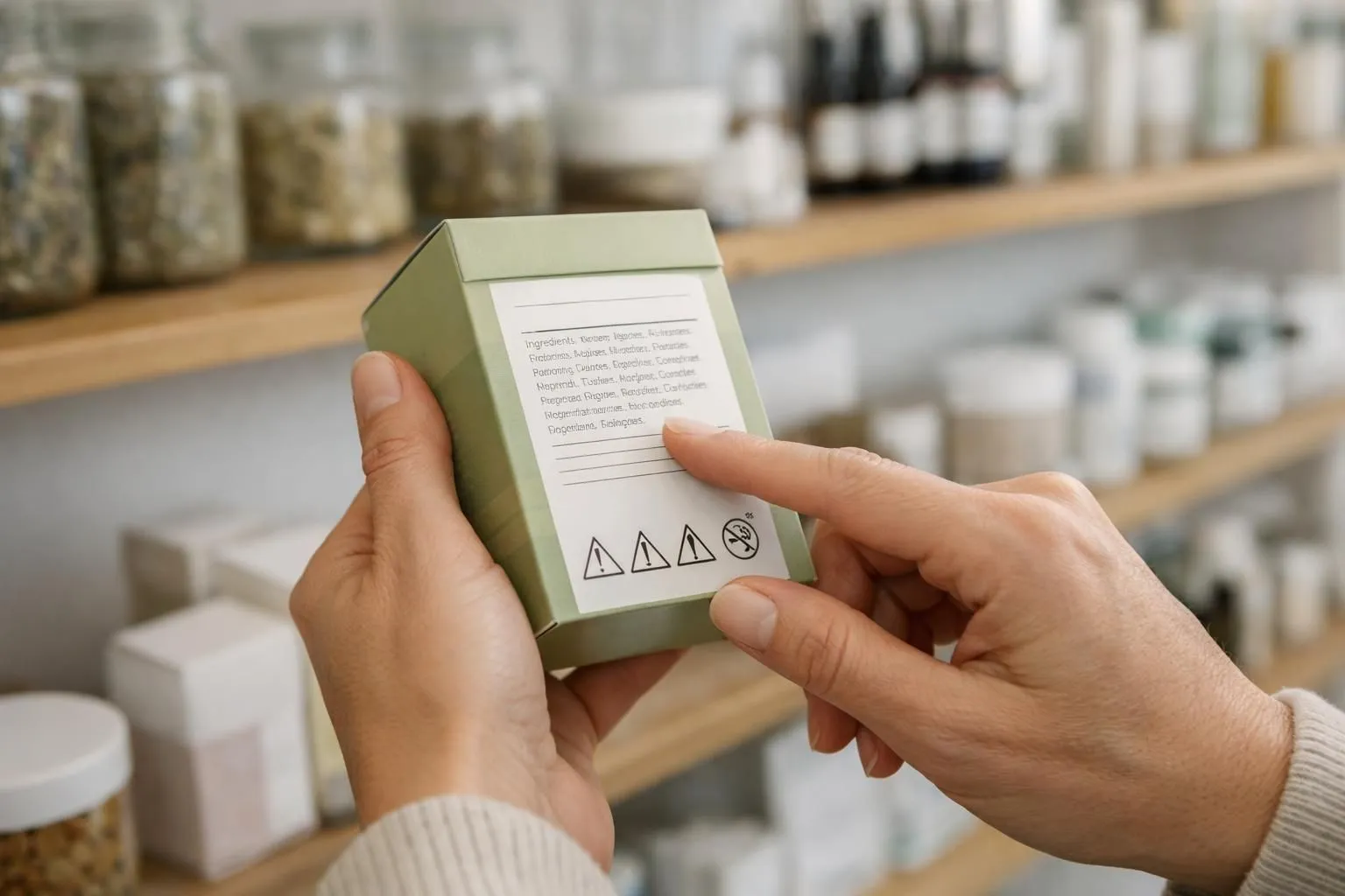 Close-up of hands holding and examining a herbal tea box label in a bright health store, focusing on ingredients list and warning symbols, Swiss retail environment with natural wellness products visible on shelves in background
