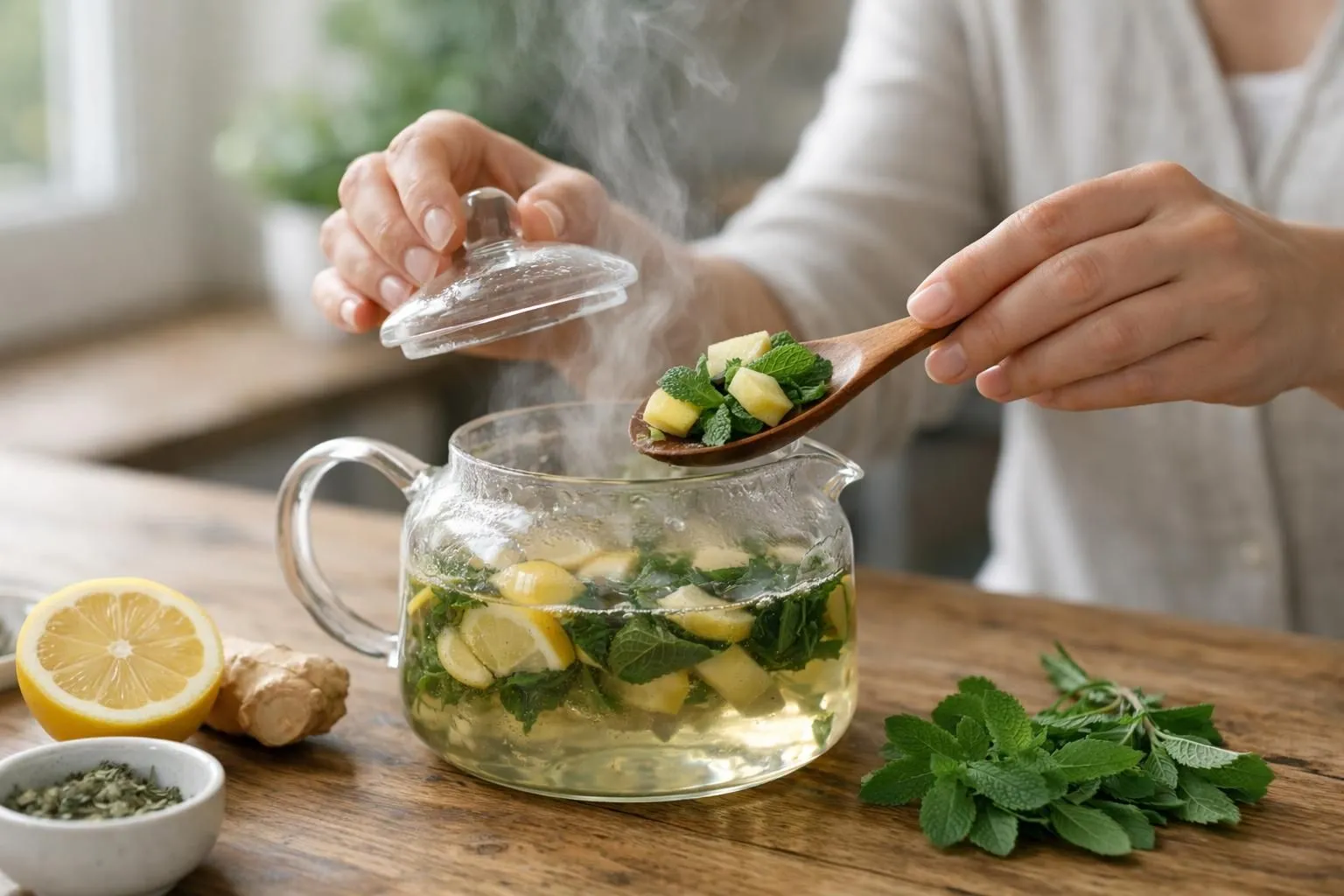 Woman preparing herbal detox tea in glass teapot during morning routine in bright kitchen, steam rising from cup, natural lighting showing hands holding transparent mug with golden infusion, fresh herbs on wooden table, realistic contemporary wellness scene without any text or labels