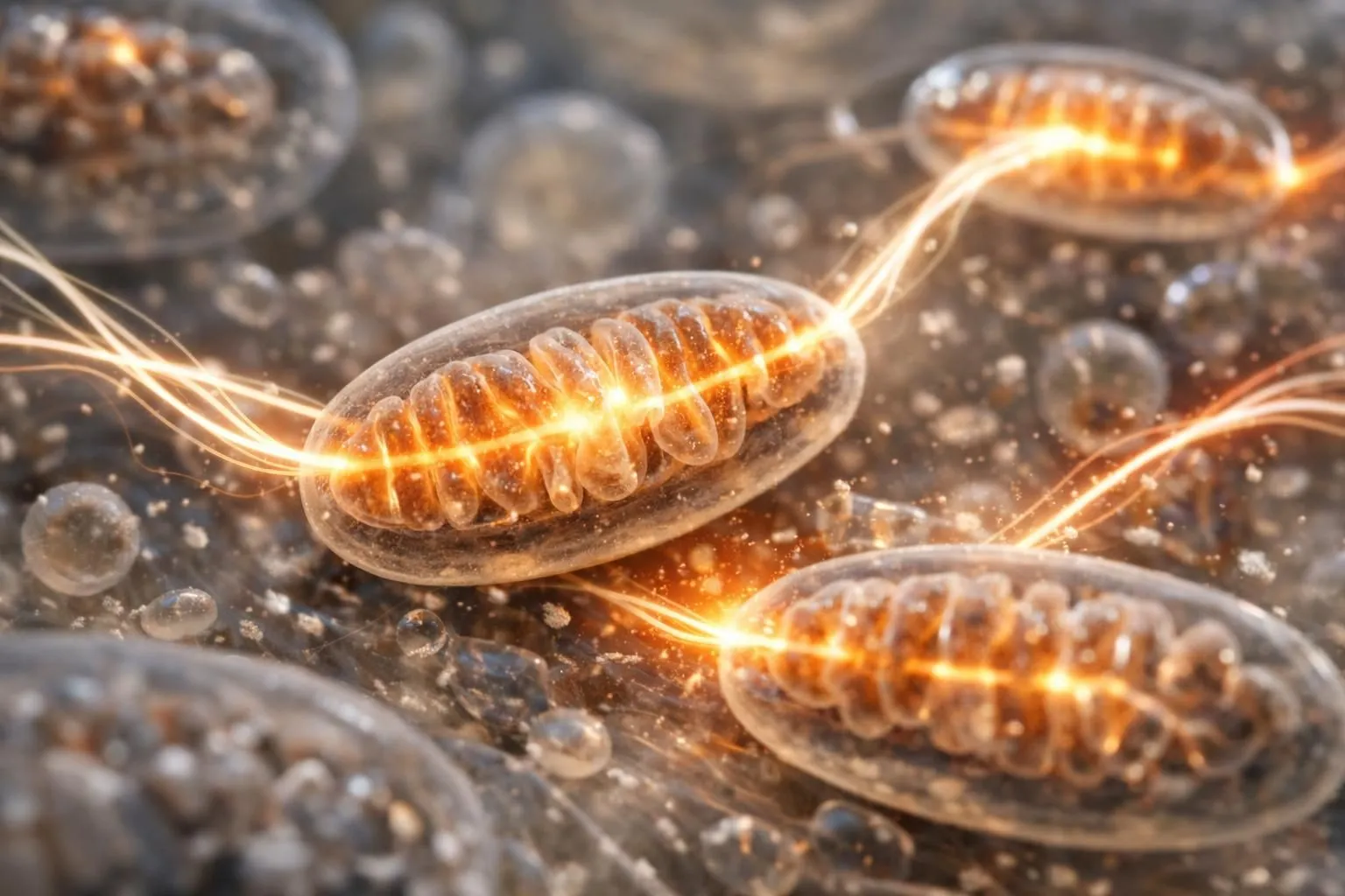 Scientific visualization of human cellular metabolism with glowing mitochondria, energy pathways illustrated as flowing light streams, warm orange and red tones representing heat production, cross-section view of fat cells breaking down, coffee beans subtly integrated into cellular structure, no text or labels