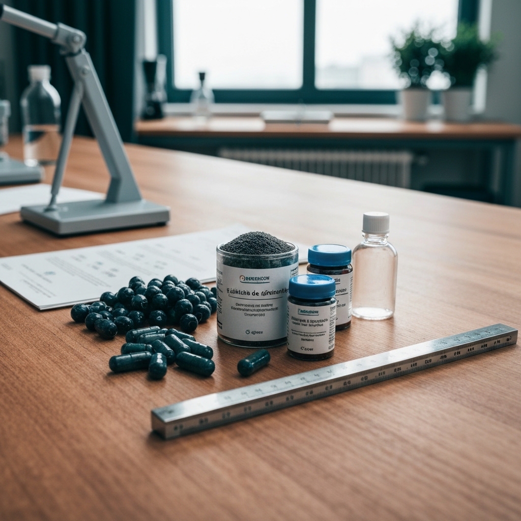Close-up photo of raw guarana berries and powder beside supplement capsules on a wooden laboratory table with scientific measuring instruments, highlighting quality differences in natural extracts for weight management in Swiss wellness retail context