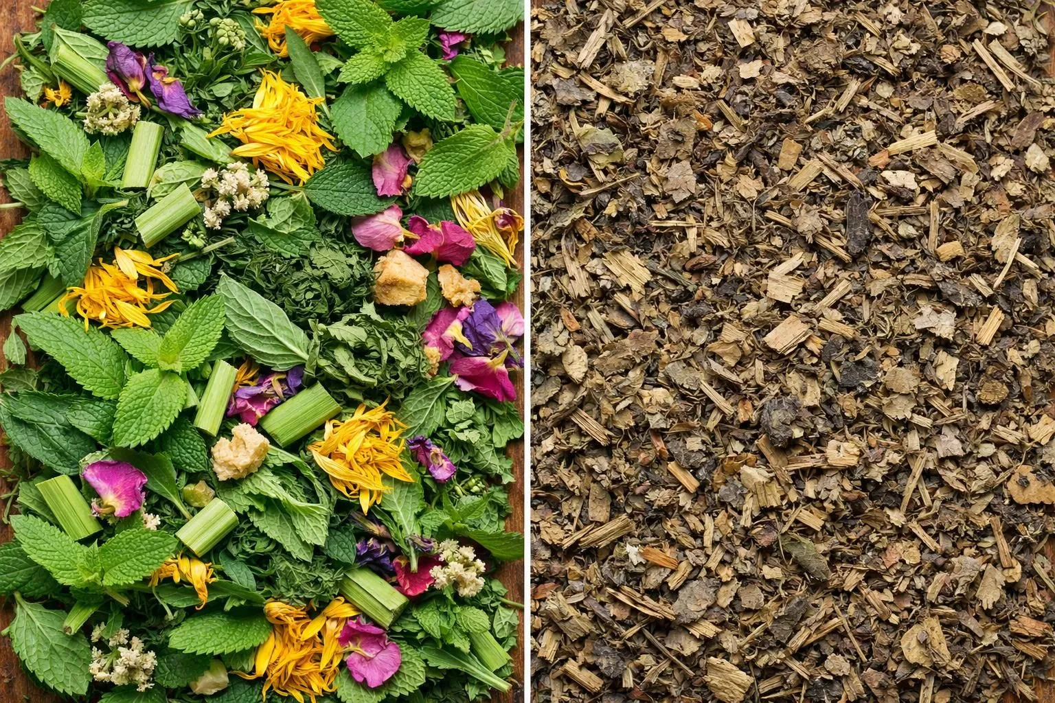 Close-up photography of two contrasting tea ingredient displays side by side - on the left, vibrant certified organic herbal leaves with visible quality certification symbols, on the right, dull low-quality dried herbs showing signs of poor processing, natural lighting highlighting the textural differences between premium and inferior detox tea ingredients