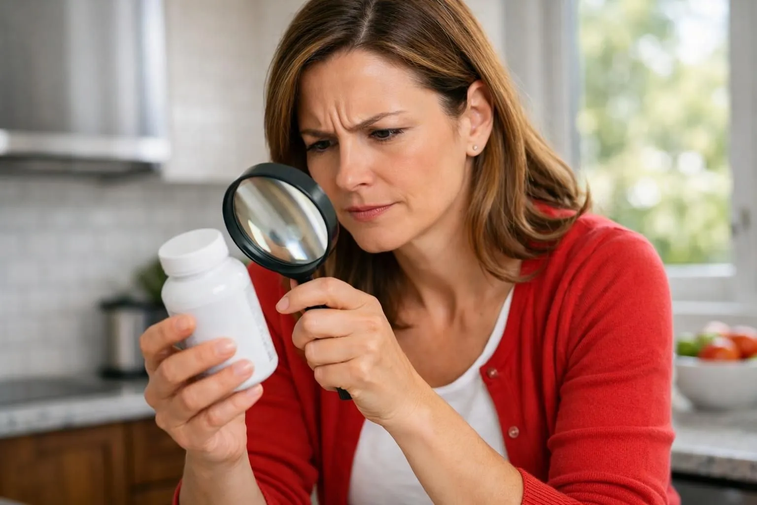 Person examining supplement bottle label with magnifying glass in modern kitchen, natural daylight streaming through window, focus on skeptical facial expression and product scrutiny related to weight loss supplements