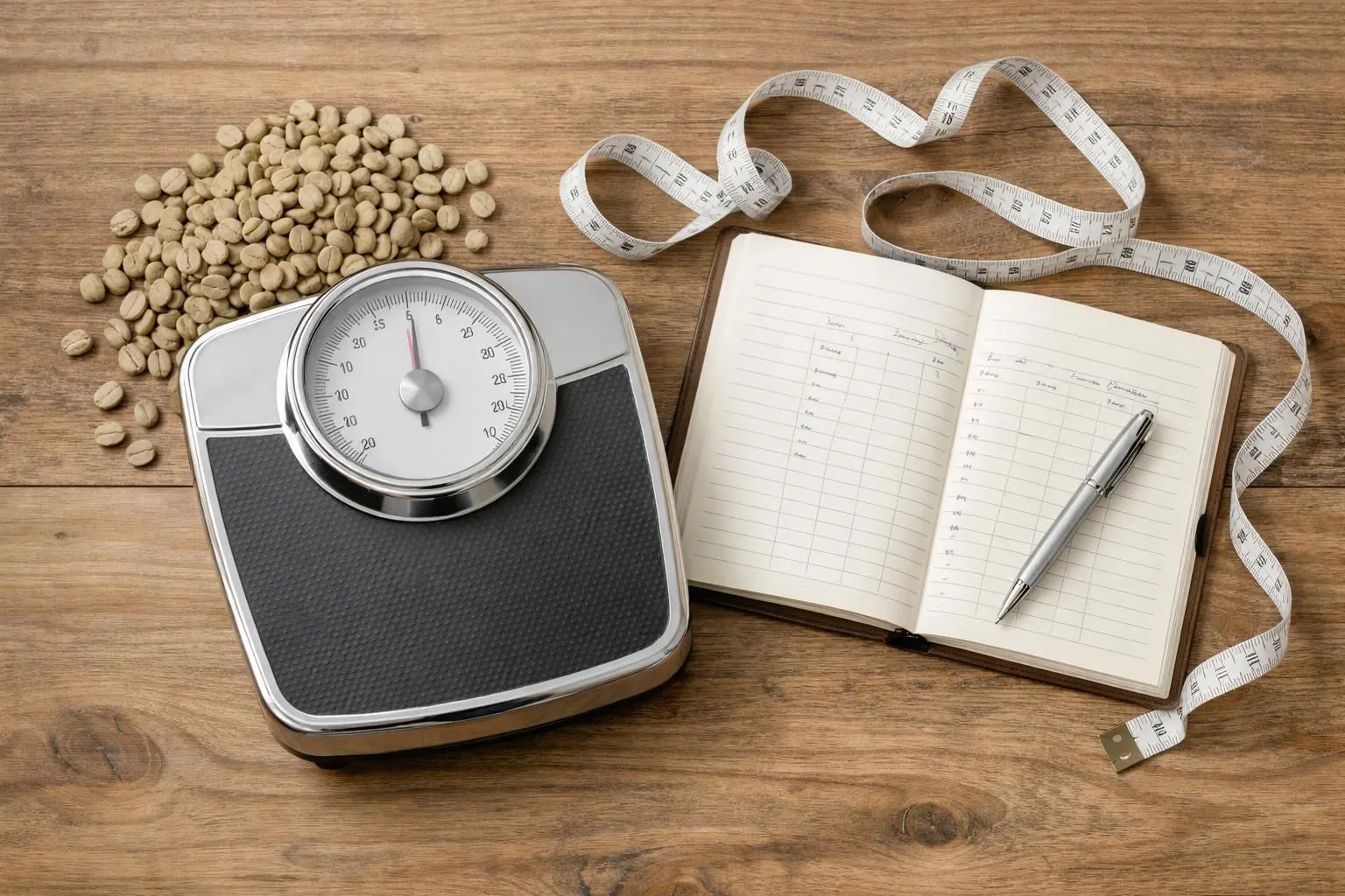 Balance de précision analogique posée sur une surface en bois naturel avec des grains de café vert dispersés, un mètre ruban enroulé et un carnet ouvert montrant un suivi nutritionnel manuscrit, éclairage doux créant une atmosphère authentique et réaliste de gestion du poids consciente