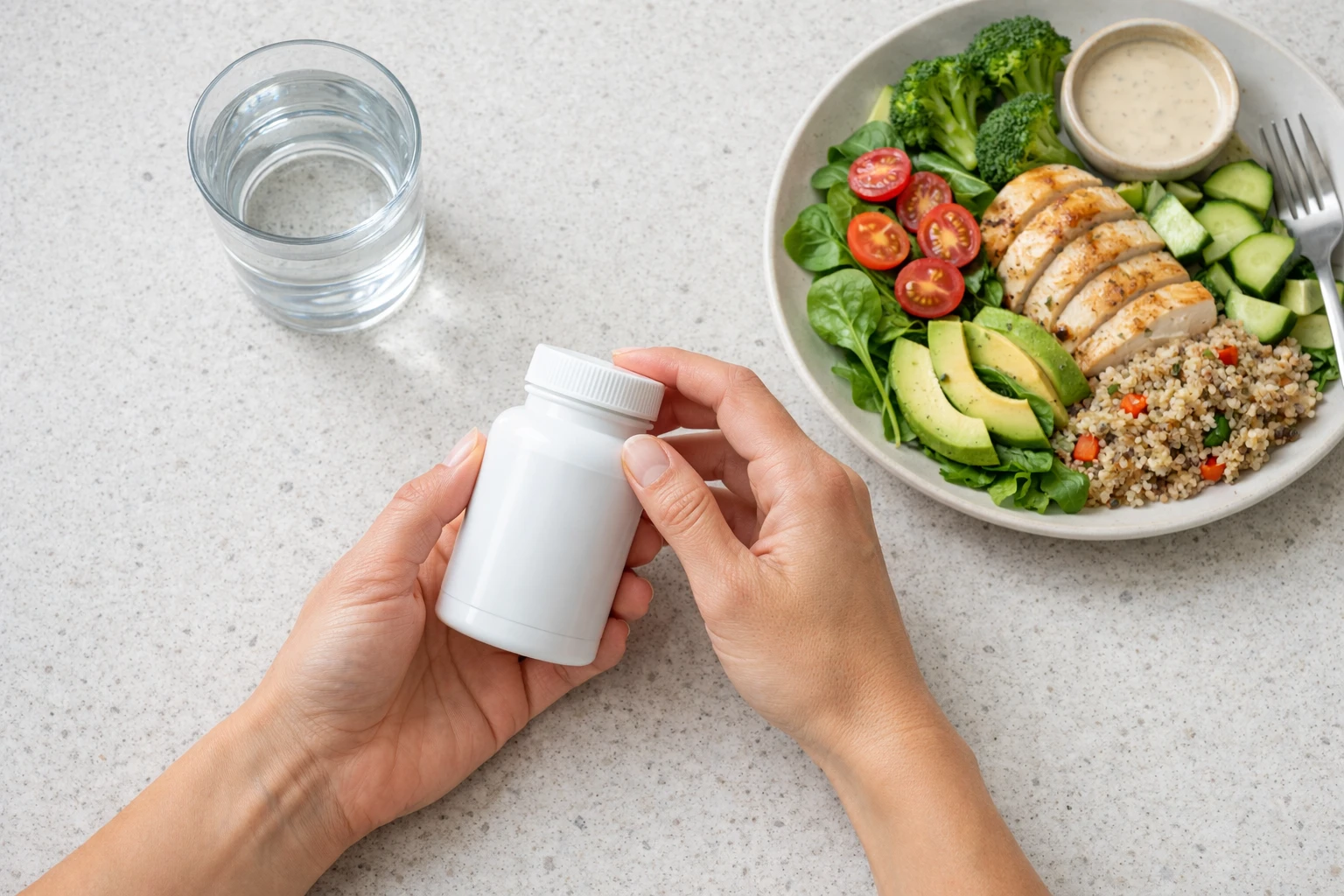 Woman consulting medical prescription bottle with garcinia cambogia supplement capsules on kitchen counter next to water glass and healthy meal, wellness safety concept with natural lighting, Swiss home interior