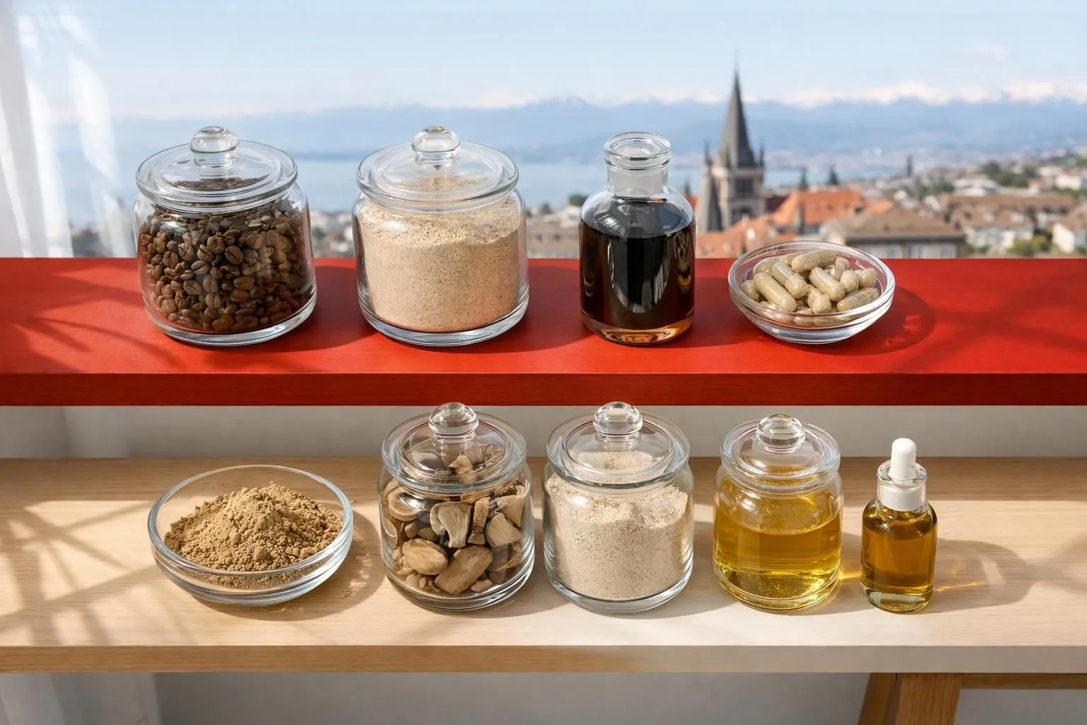 Warm Swiss wellness boutique interior showcasing elegant display of functional coffee products in minimalist glass containers on wooden shelving, natural morning light streaming through windows, subtle Lausanne cityscape visible in background, professional retail environment with natural wellness aesthetic