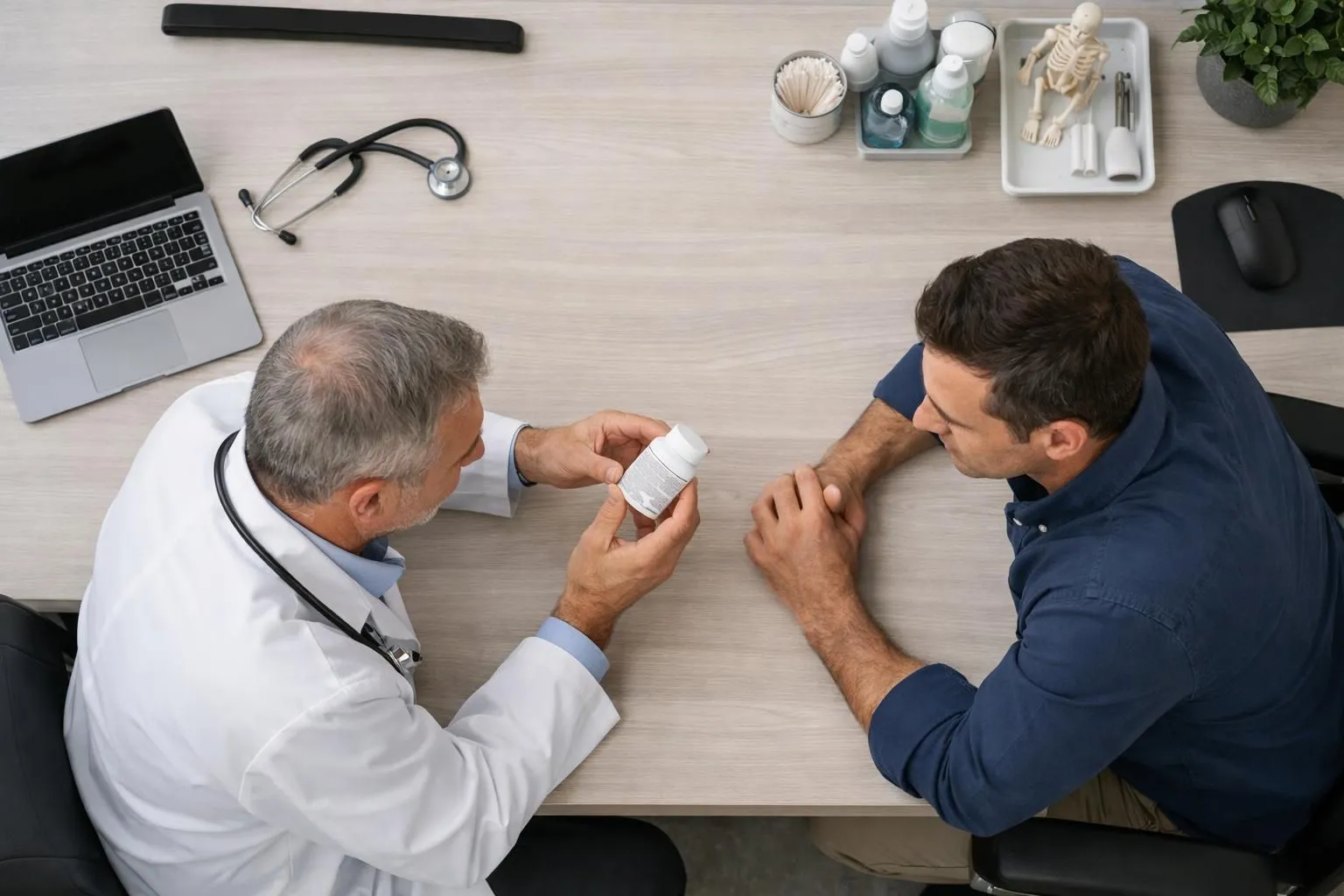 Healthcare professional in white coat reviewing product label and discussing allergies and contraindications with attentive client across desk in modern Swiss medical office, showing ingredient documentation and safety guidelines. Industry: Vente au détail de produits de bien-être naturels et cafés fonctionnels. NO TEXT visible in image.