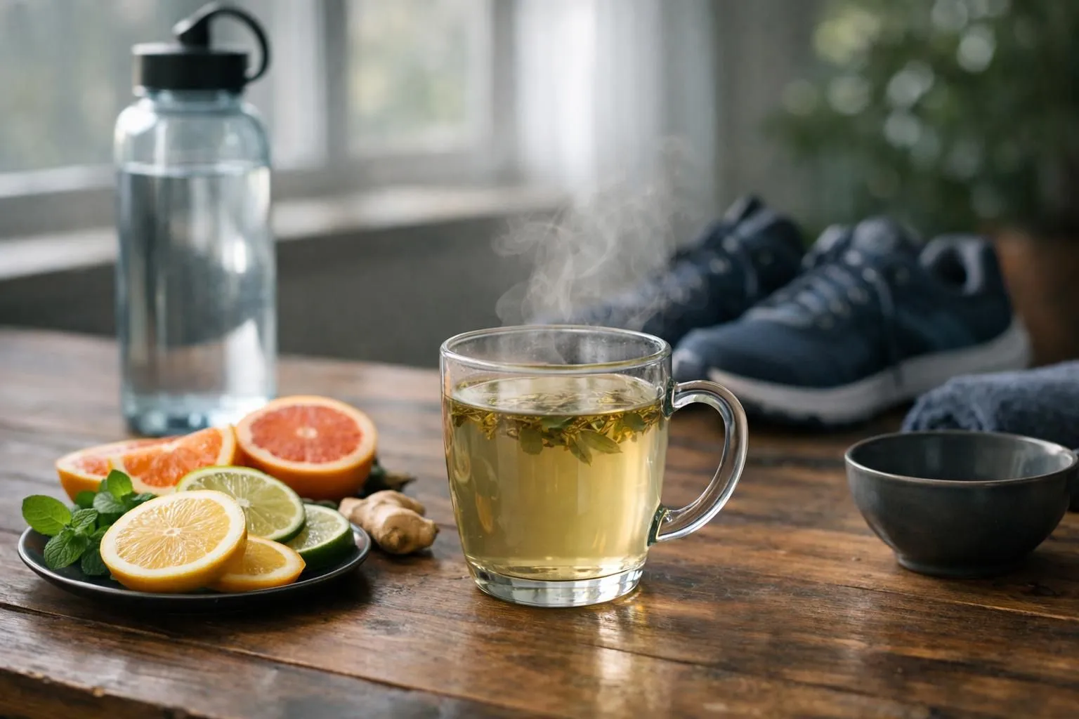 Morning wellness routine scene showing a steaming cup of herbal detox tea on a wooden breakfast table, surrounded by fresh citrus slices, a glass water bottle, running shoes visible in background, natural daylight streaming through window, realistic photography style without any text or labels