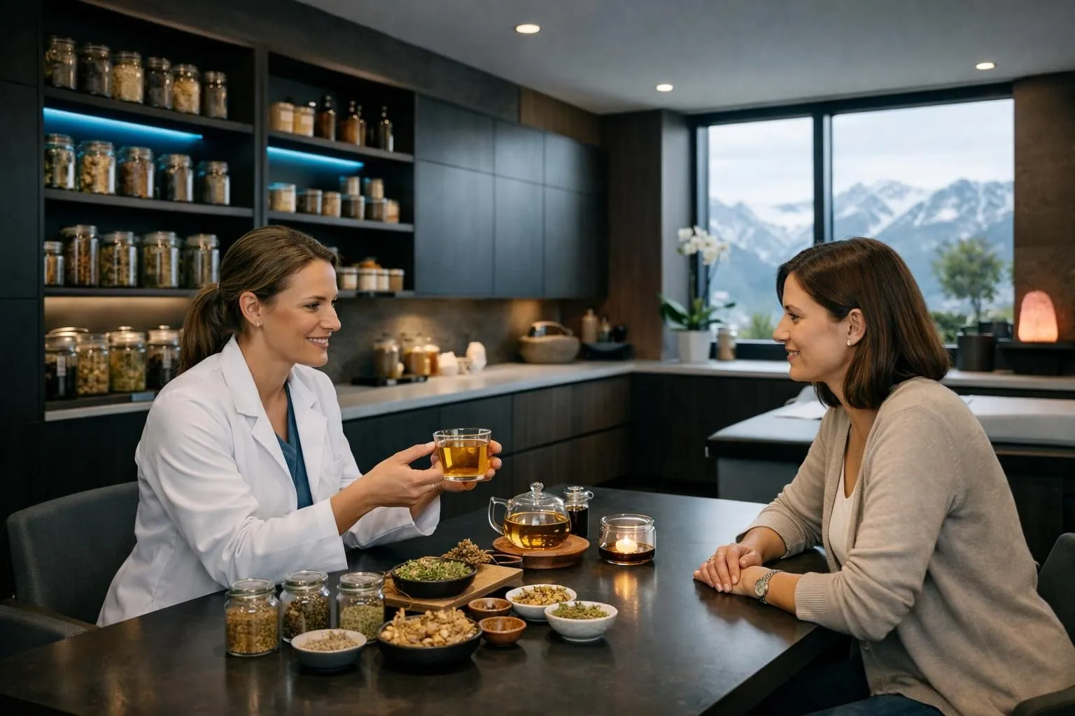 A serene wellness consultation scene showing a healthcare professional in white coat reviewing herbal tea documentation with a patient in a bright, modern Swiss clinic, with dried herbs and natural wellness products visible on shelves in the background, natural lighting creating a trustworthy atmosphere