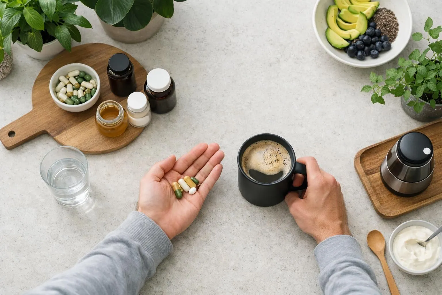 Swiss professional in modern Zürich kitchen preparing morning wellness routine with functional coffee cup and supplement capsules on minimalist counter, soft natural daylight through window, clean aesthetic with Alpine plants in background