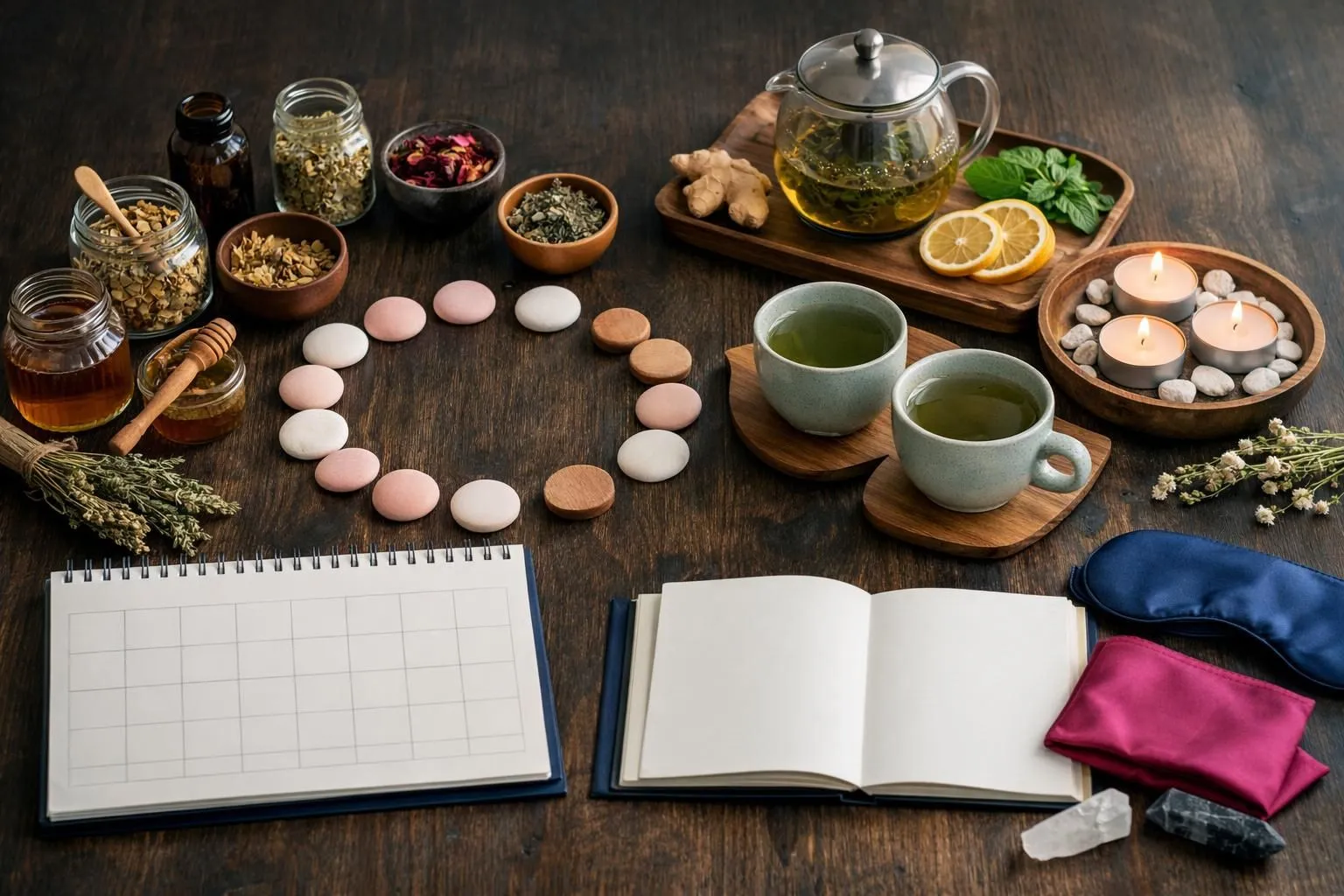 Calendar with natural tea products and wellness planning materials on a wooden table, showing a monthly cycle layout with detox tea cups and rest period markers, natural lighting, realistic product photography style