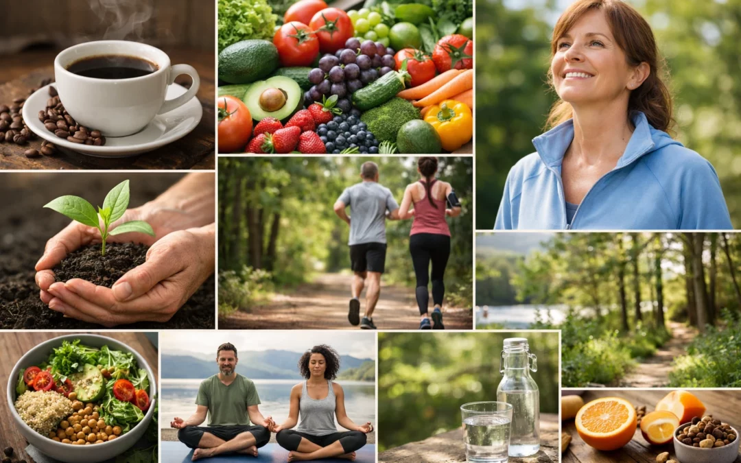 Collage authentique: café minceur sans danger, fruits, légumes, et personne épanouie pour un bien-être naturel.