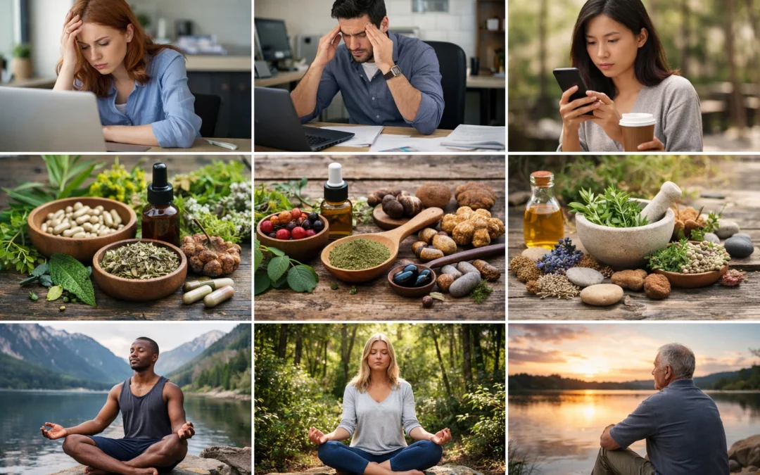 Collage de photos authentiques montrant le parcours de gestion du stress et de l'anxiété avec des compléments alimentaires.