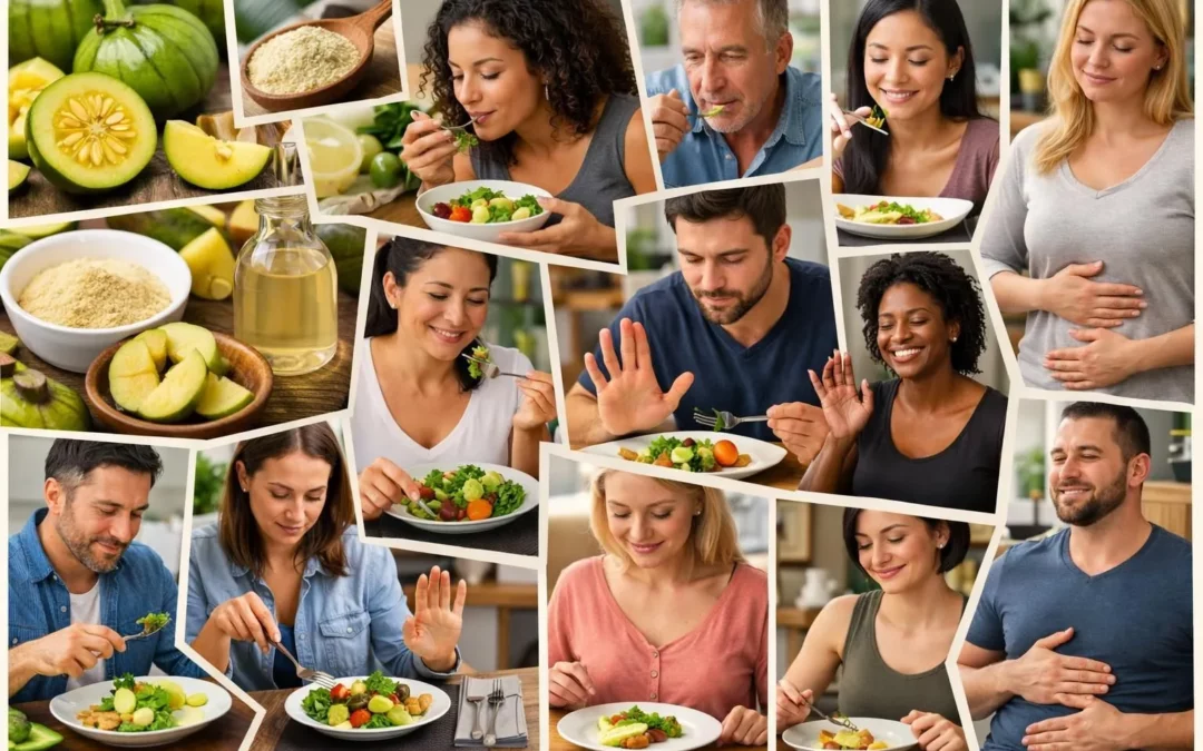 Collage photos: l'effet du Garcinia cambogia sur l'appétit, montrant le fruit, des repas variés et l'importance de la prudenc