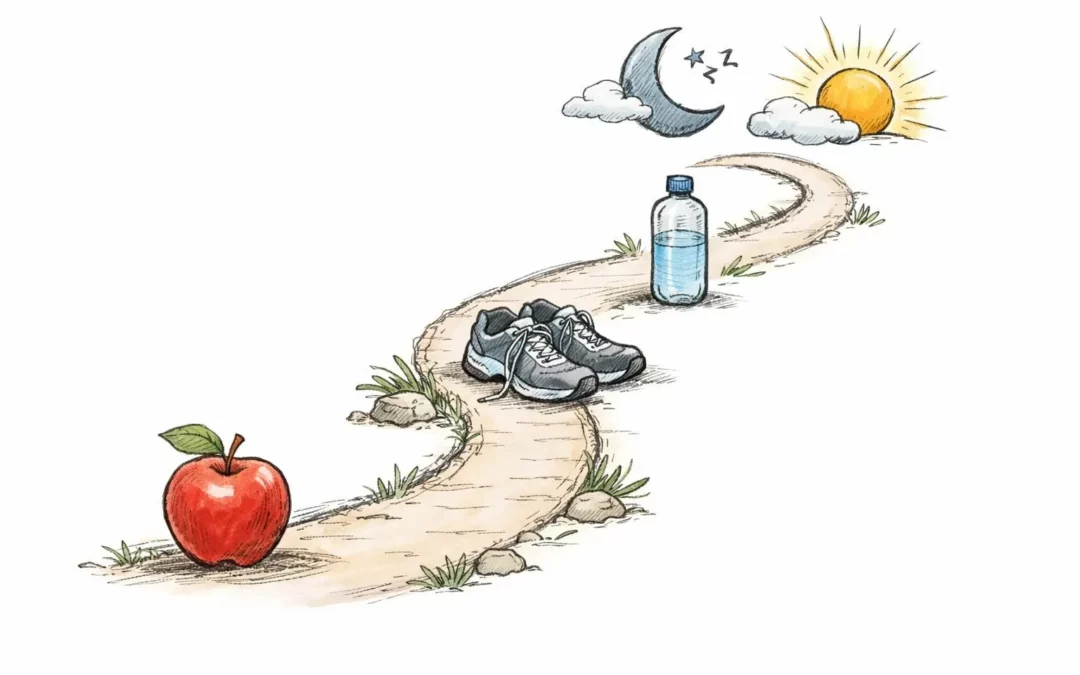 Dessin d'un chemin illustrant comment perdre du poids naturellement et rapidement avec icônes (pomme, chaussures de sport).