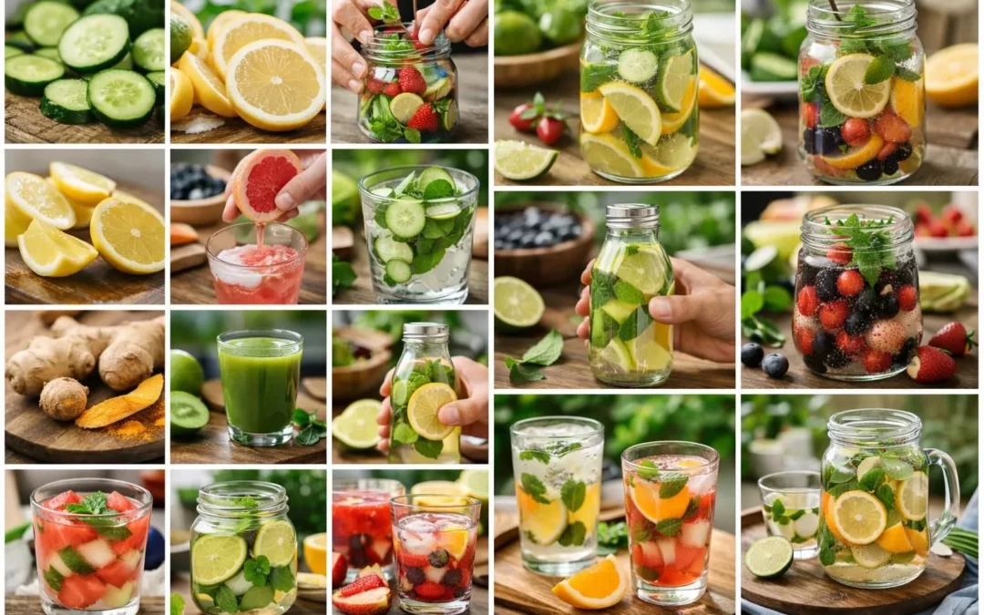 Collage recettes boisson détox maison rapide. Boissons naturelles, fruits frais pour l'énergie.