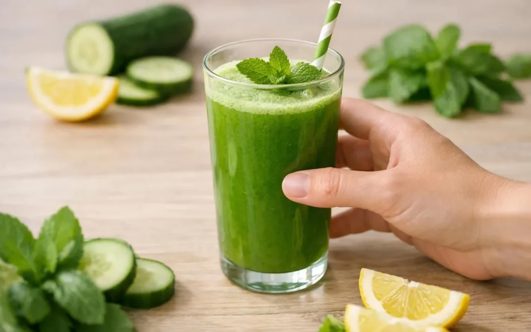 Cure détox naturelle pour le corps: main tenant boisson verte fraîche, entourée de citron, concombre et menthe.