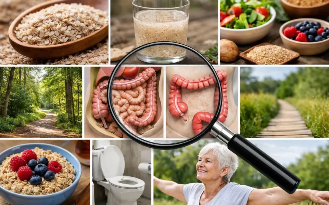 Collage authentique des bienfaits du psyllium sur le transit : fibres, verre d'eau, personne sereine. Évaluation.