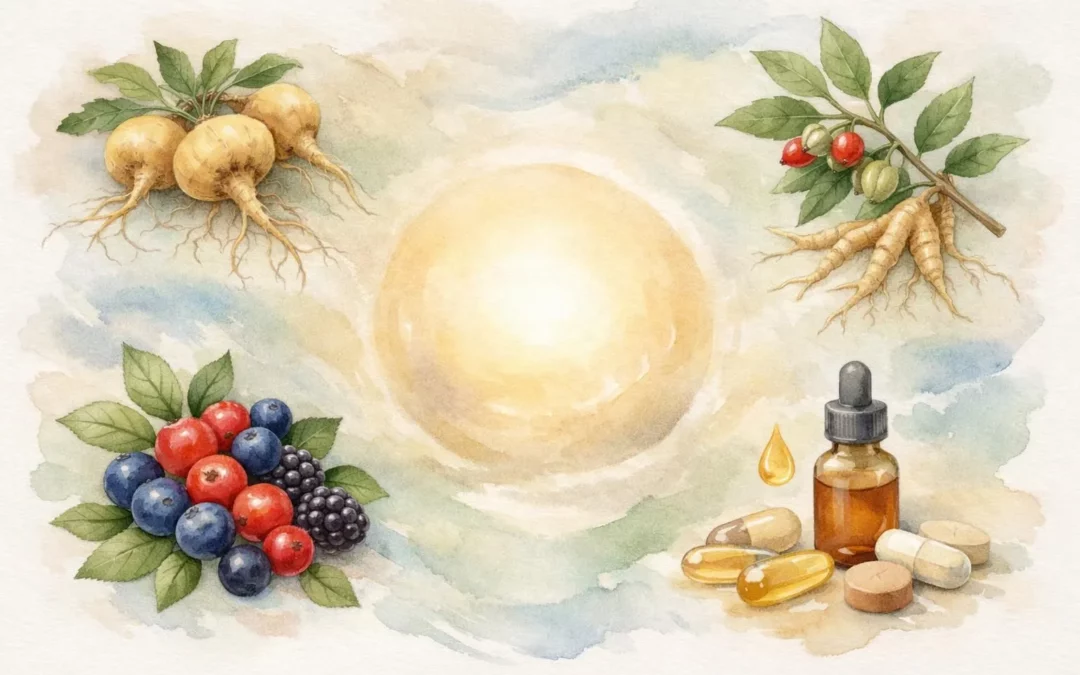 Illustration aquarelle de divers compléments naturels pour l'équilibre hormonal, évoquant sérénité et choix.