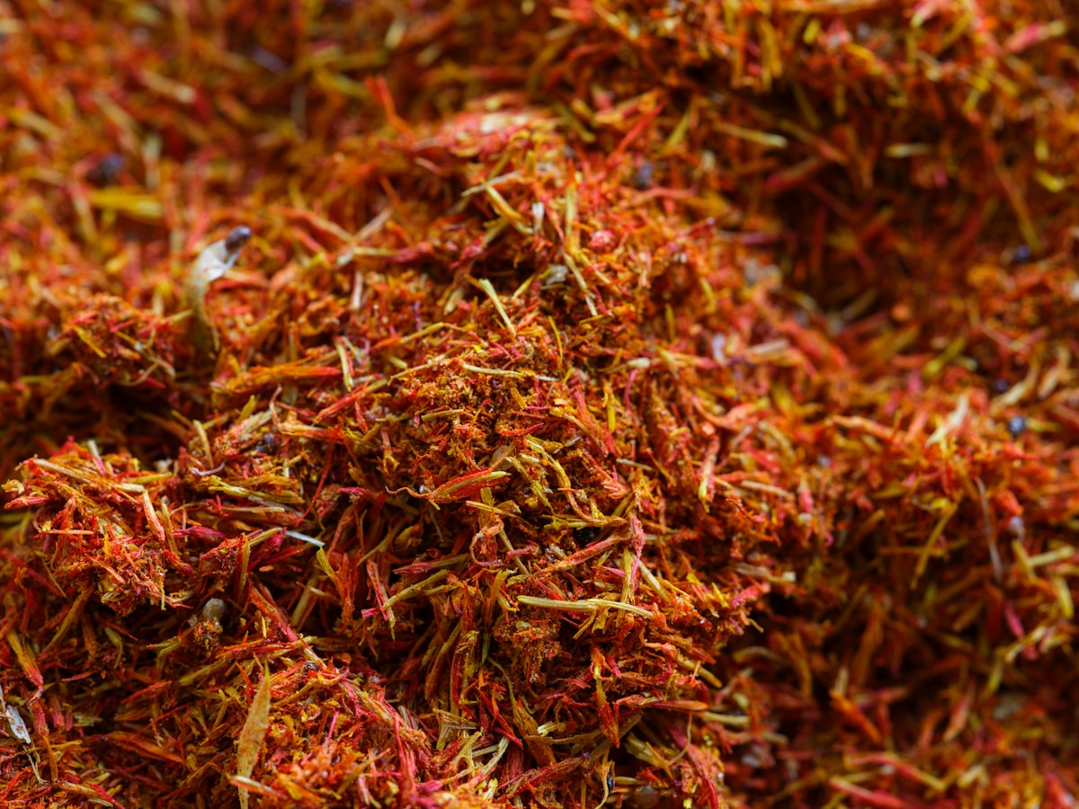 Close-up of dried saffron threads with vibrant red threads.
