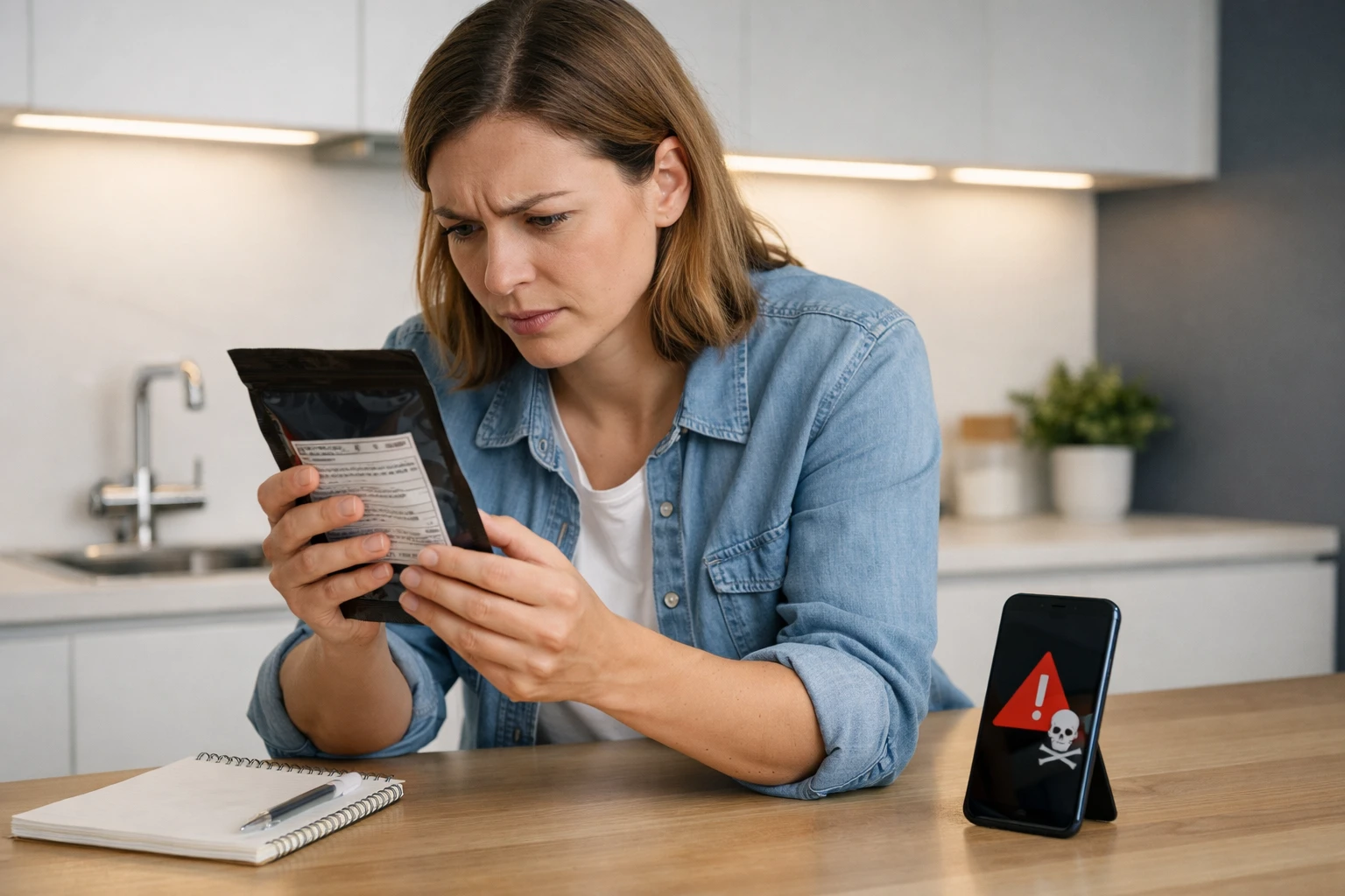 Worried consumer examining ingredient label on slimming coffee package under bright kitchen light, with notebook and smartphone showing health warnings nearby, photorealistic indoor scene