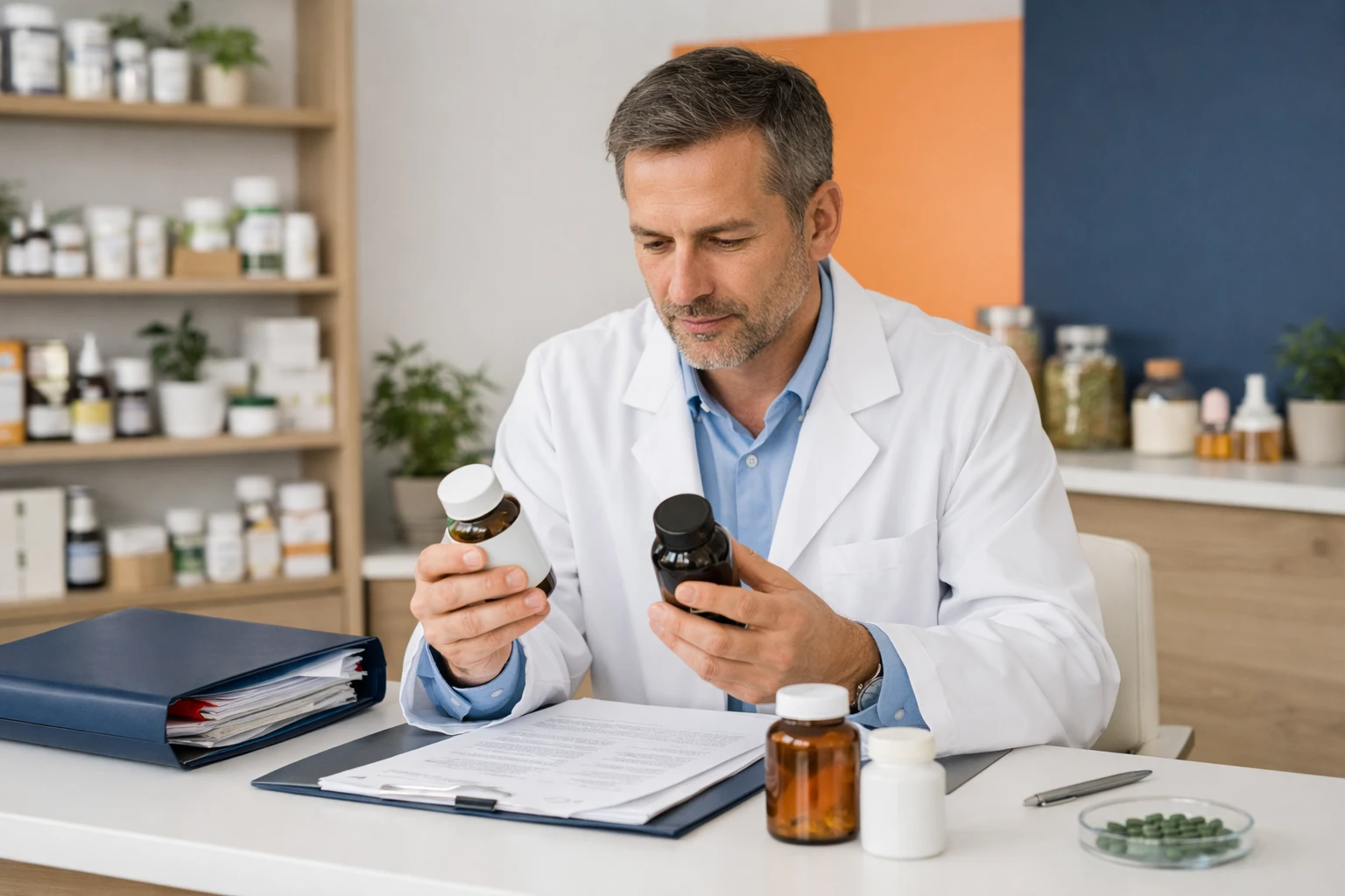 Pharmacist in white coat reviewing natural supplement bottles and safety documentation on modern desk with Swissmedic official guidelines folder visible, professional Swiss pharmacy setting with natural wellness products displayed