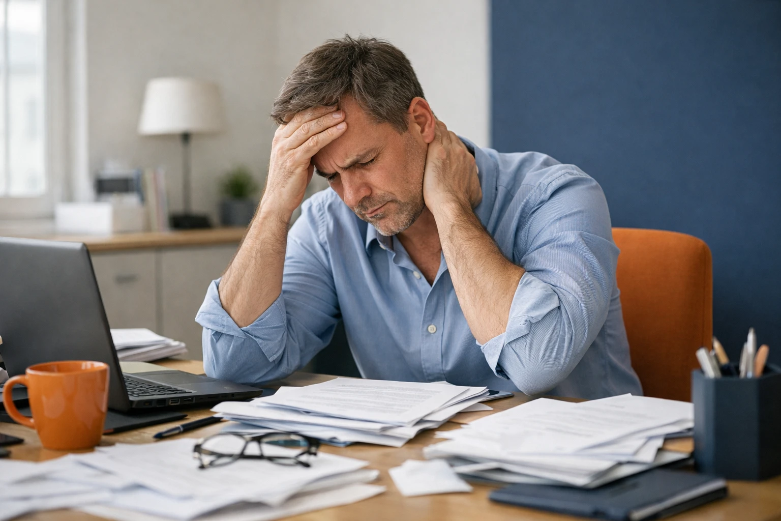 Professional person at desk clutching chest or temples with stressed expression, scattered work documents, natural office lighting, realistic documentary style photograph showing physical manifestation of chronic stress and anxiety in workplace environment