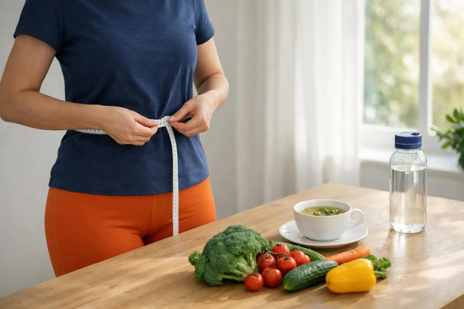 Person measuring waist with measuring tape, fresh vegetables, herbal tea cup, and water bottle on wooden table, bright natural morning light streaming through window, wellness and healthy lifestyle concept, realistic photography style