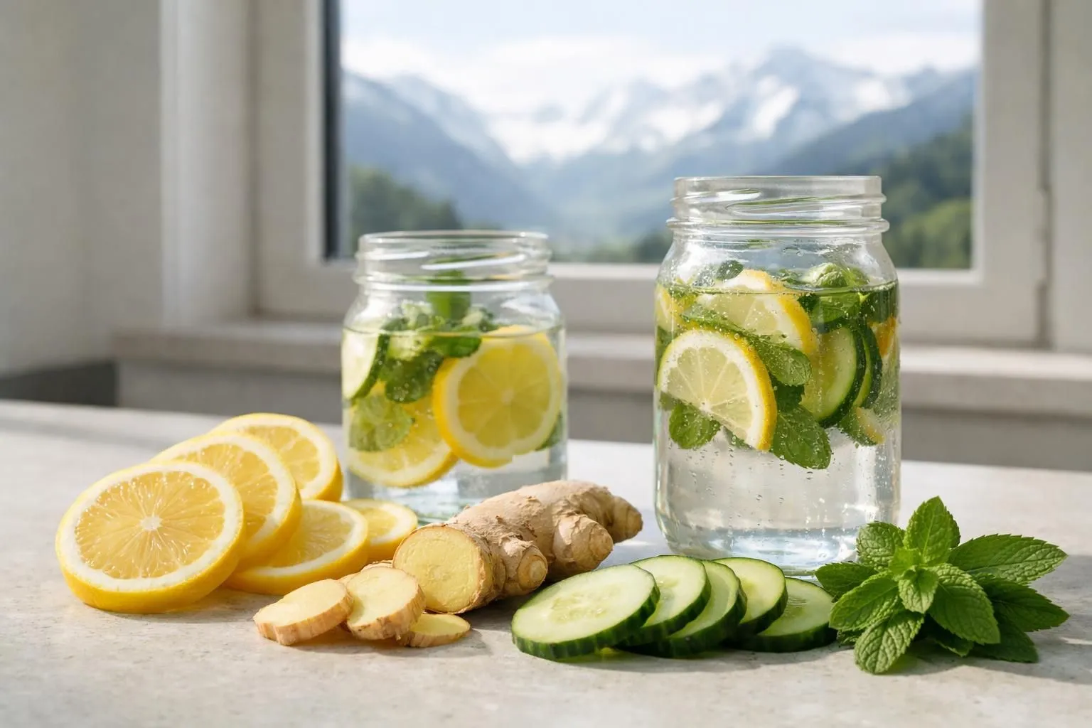 Close-up of fresh detox drink ingredients on a Swiss kitchen counter: sliced lemons, fresh ginger root, cucumber slices, mint sprigs, and glass mason jars filled with infused water, natural morning light filtering through a window with Alpine landscape visible in background
