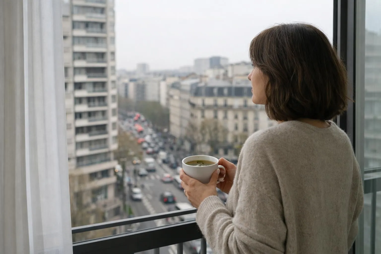 Une personne vue de dos regardant par une fenêtre d'appartement urbain avec une vue sur des immeubles et du trafic, tenant une tasse de tisane, lumière naturelle douce, ambiance calme et contemplative symbolisant le besoin de pause détox dans un environnement urbain moderne