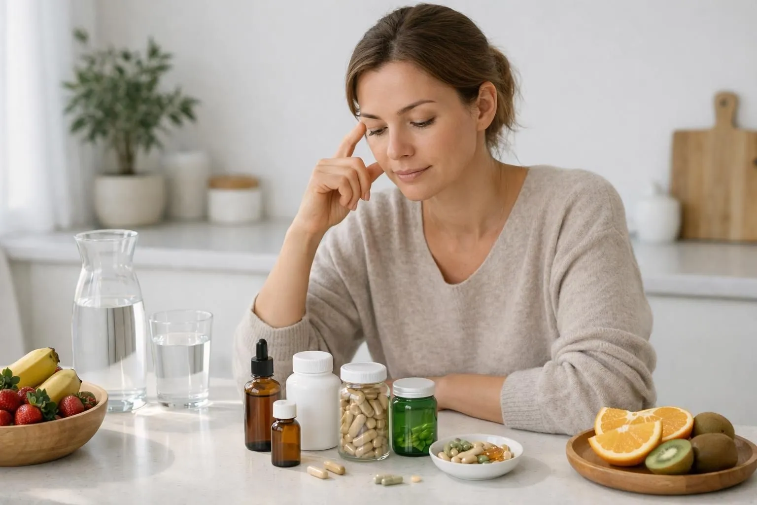 Swiss adult in their 30s-40s at a modern kitchen counter choosing natural wellness supplements from glass bottles, morning sunlight streaming through window, fresh fruits and water nearby, calm focused expression showing healthy lifestyle choice without coffee