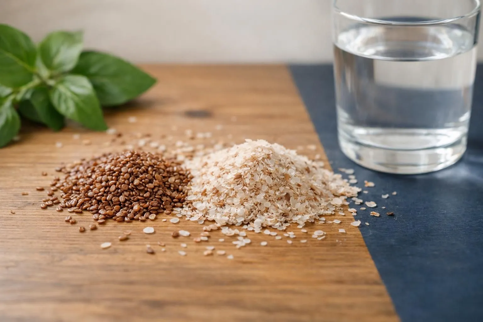 Close-up of natural psyllium seeds and husks scattered on a wooden surface with a glass of water and fresh green leaves in soft natural lighting, wellness and digestive health concept
