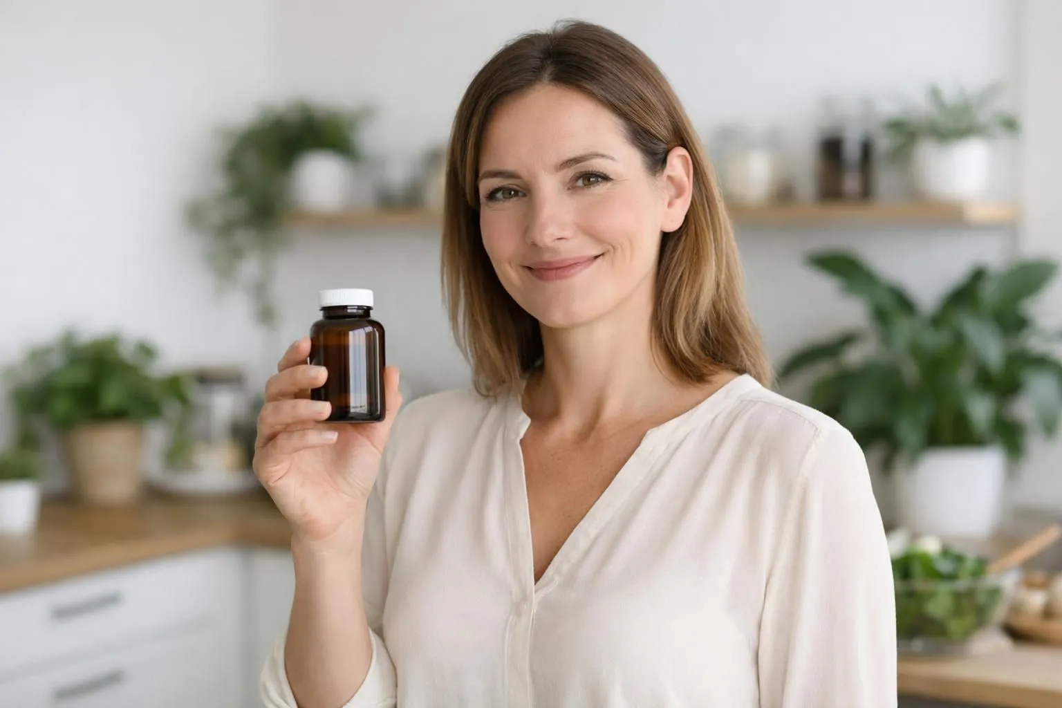 Femme suisse dans la trentaine tenant un flacon de compléments alimentaires naturels avec un sourire confiant dans une cuisine lumineuse, plantes vertes en arrière-plan, ambiance bien-être et santé naturelle, style photographique réaliste