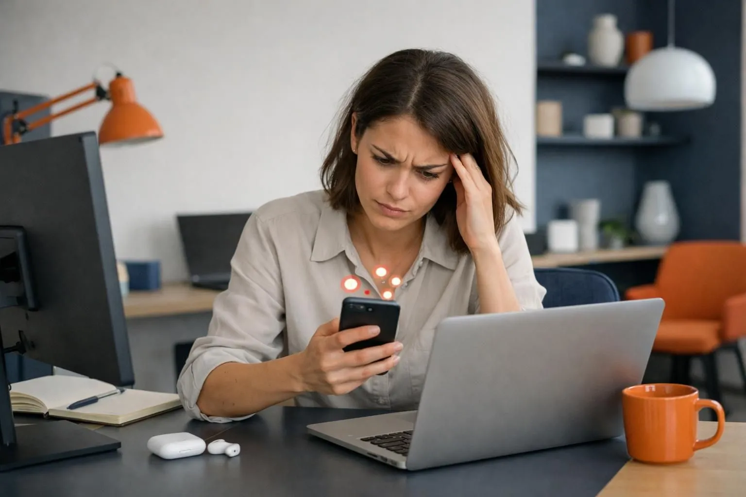 Professional distracted by smartphone notifications while working on laptop in modern office, showing visible stress and divided attention between multiple screens