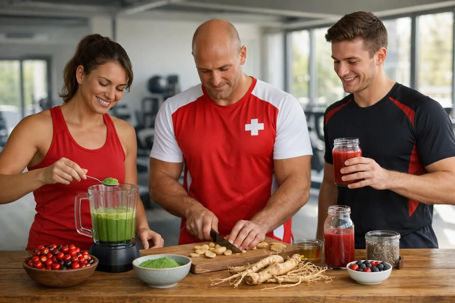 Swiss athletes in modern fitness studio preparing natural energy drinks with guarana berries, green matcha powder and ginseng roots on wooden counter, natural morning light streaming through windows, athletic wear visible, fresh botanical ingredients arranged organically
