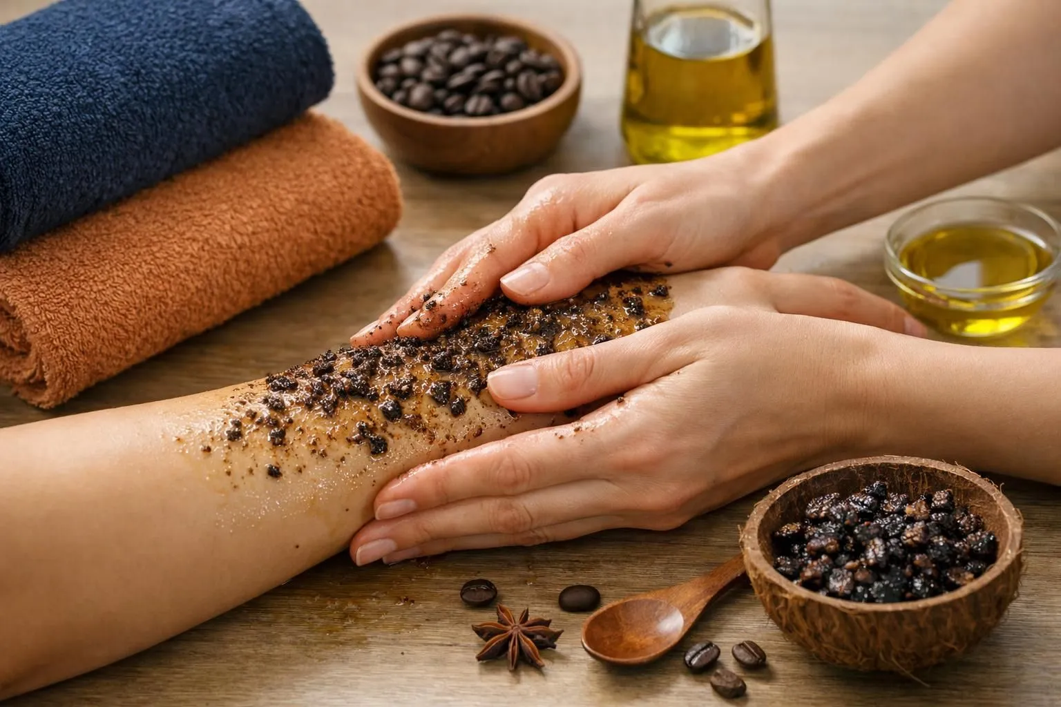 Close-up of hands applying dark coffee grounds mixed with golden olive oil onto smooth skin, spa towels and natural ingredients visible on wooden surface, warm natural lighting, professional wellness treatment setting