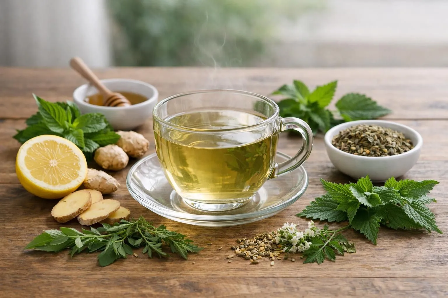 Tasse fumante de tisane détox entourée d'ingrédients naturels frais comme du thé vert, du maté, du psyllium en graines et des gousses de garcinia disposés sur une table en bois clair avec une atmosphère naturelle et épurée
