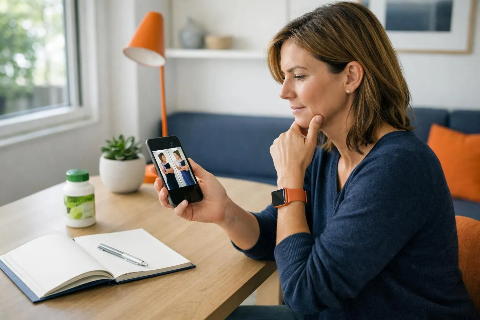Woman in her 40s sitting at home desk comparing wellness progress photos on smartphone screen, natural window light, wellness journal and Garcinia supplement bottle visible on table, thoughtful expression, Swiss modern interior, realistic photography style