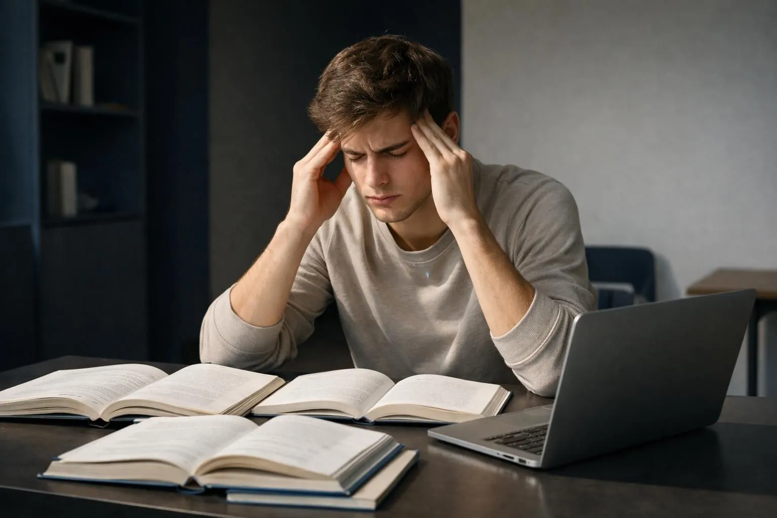 Close-up of a stressed university student rubbing temples while surrounded by open textbooks and laptop in a dimly lit study room, showing signs of mental fatigue and concentration difficulties, natural window light creating shadows