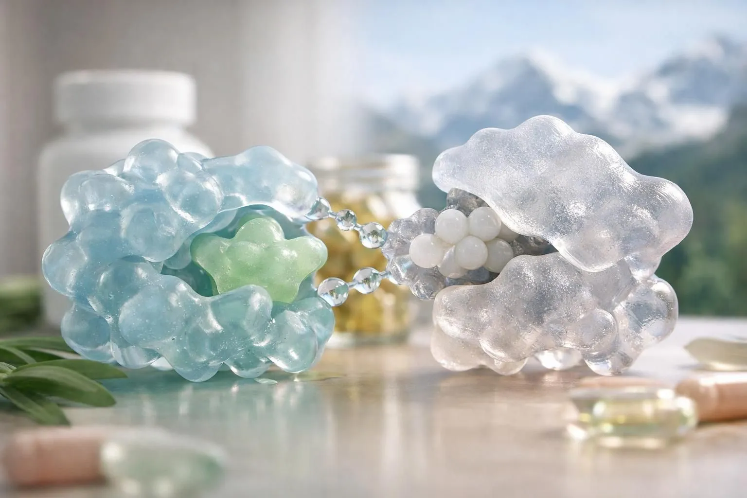 Close-up of biochemical enzyme interaction showing molecular blocking mechanism with translucent organic structures, representing fat synthesis inhibition in natural weight management, Switzerland wellness supplement context