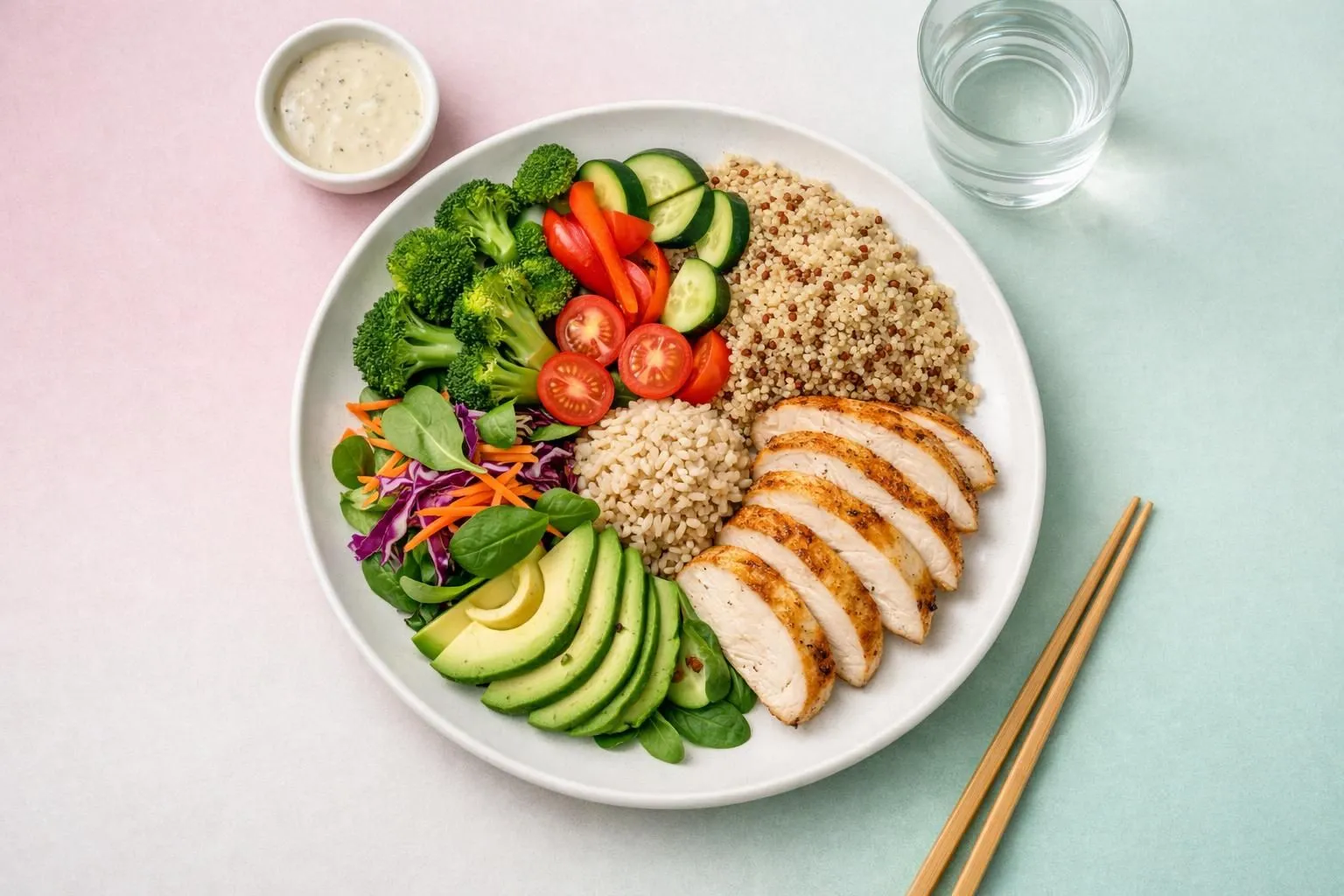 Balanced healthy meal with colorful vegetables, lean protein, whole grains on modern plate, top view, nutritious food composition showing natural weight loss approach through functional nutrition