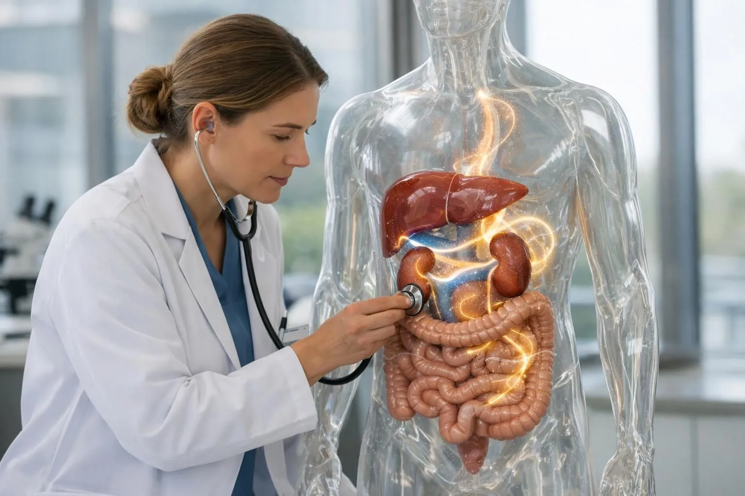 Illustration médicale stylisée montrant le foie, les reins et les intestins dans un corps humain transparent avec des flux lumineux représentant la circulation des toxines et leur élimination, ambiance scientifique moderne