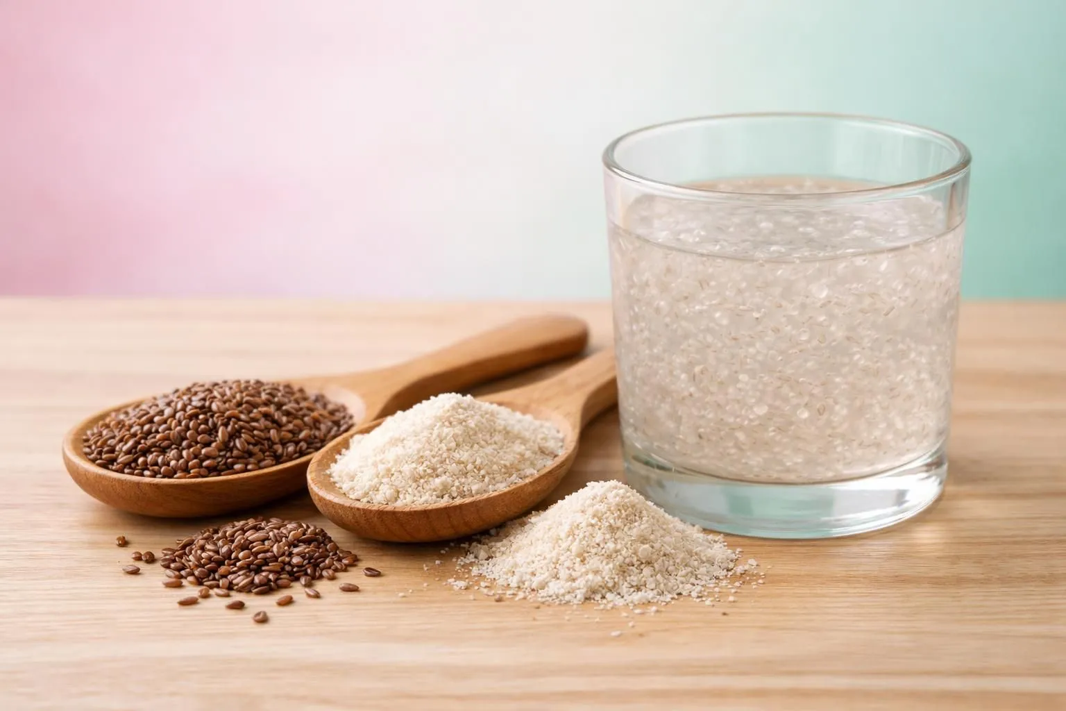 Close-up photo of psyllium seeds and powder on wooden surface with glass of water showing gel-like consistency, natural wellness product photography with soft lighting, health supplement context