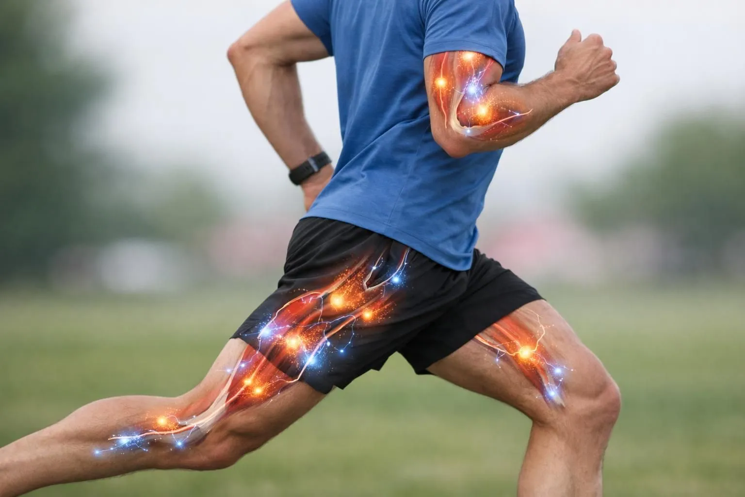 Cross-section view of human muscle tissue with glowing energy pathways showing natural compounds flowing through cells and mitochondria, athletic runner in motion background with visible biological processes, photorealistic medical illustration style, no text