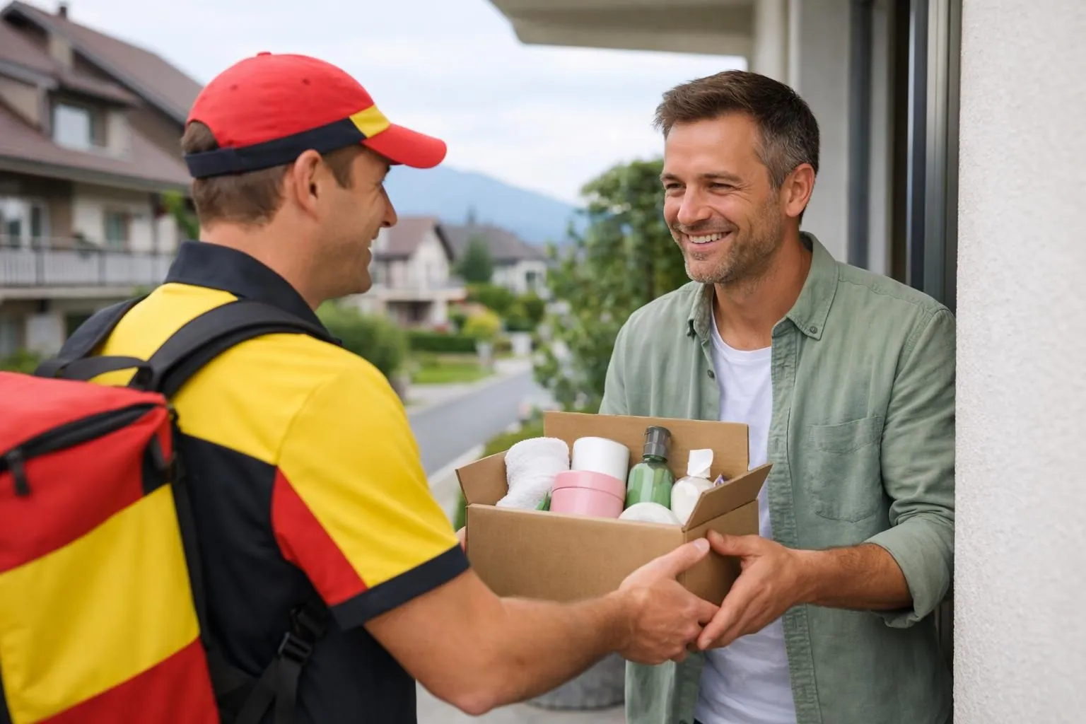 Swiss Post delivery person handing wellness product package to satisfied customer at doorstep in Swiss residential neighborhood, natural lighting showing trust and reliability in delivery service
