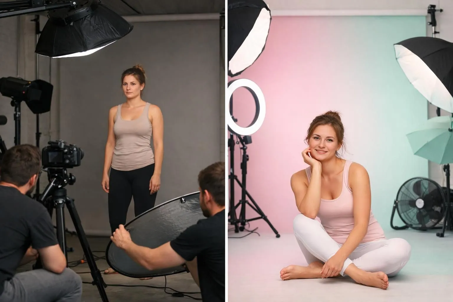 Split comparison showing same person photographed in different lighting conditions and postures, demonstrating photographic variations in body appearance, professional studio setting with visible lighting equipment, realistic photography demonstrating before-after photo techniques used in wellness industry