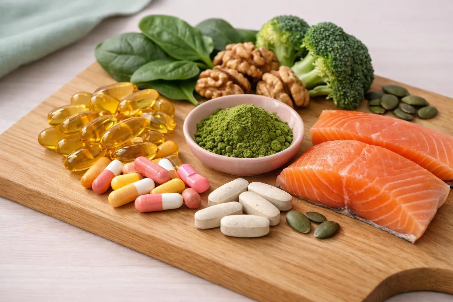 Close-up of omega-3 capsules, B-complex vitamins, magnesium tablets, matcha powder, and fresh fish arranged on natural wooden board with green leafy vegetables and walnuts in soft natural lighting