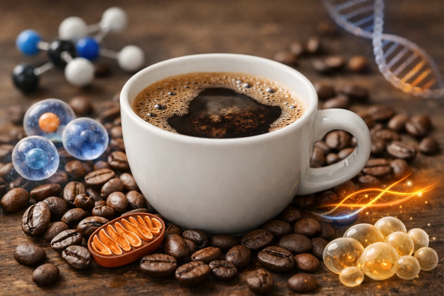 Illustration médicale artistique montrant une tasse de café avec des grains entourés de représentations visuelles du métabolisme humain: molécules, cellules graisseuses, flux d'énergie, dans un style scientifique moderne et naturel sans texte